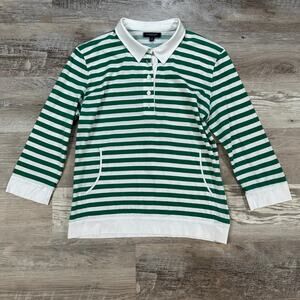Burberry London Green White Striped Rugby Polo Shirt Long Sleeve Medium